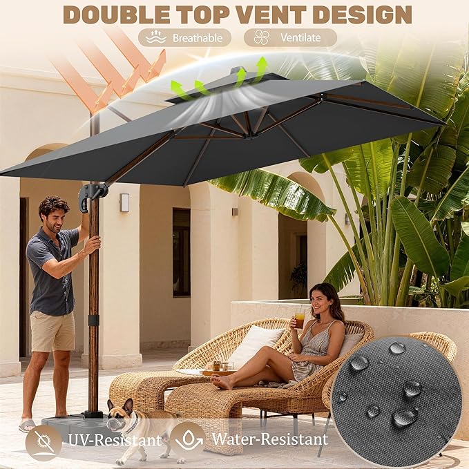 10x13FT Cantilever Outdoor Patio Umbrellas with Base, Double Top Wood Pattern Rectangle Umbrella, Heavy Duty 360°Rotation Offset Umbrella for Garden Deck Pool Patio, Grey