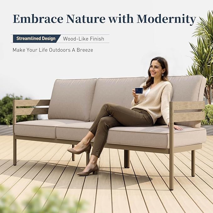 Metal Frame Patio Furniture Set, Wood-Like Modern Outdoor Patio Furniture Set with Cushion, Patio Seating Set with Swivel Chairs, Patio Conversation Set for Backyard Deck