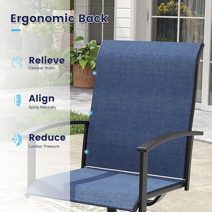 VICLLAX Outdoor Table and Chairs Set for 4, Patio Dining Set of 37.8" Metal Square Patio Table with Umbrella Hole & 4 Swivel Outdoor Dining Chairs for Backyard Lawn, Dark Blue & Black