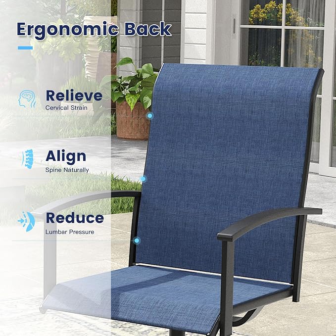 VICLLAX Outdoor Table and Chairs Set for 4, Patio Dining Set of 37.8" Metal Square Patio Table with Umbrella Hole & 4 Swivel Outdoor Dining Chairs for Backyard Lawn, Dark Blue & Black