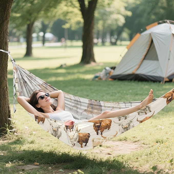 Camping Hammock Outdoor Hammocks for Outside Neutral Colors Highland Cows Beach Trees Portable Lightweight with Pockets Tree Straps Indoor