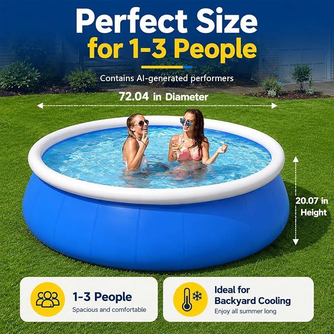 6 FT Inflatable Swimming Pool for Family, Round Blow Up Pool for Adults, Garden/Lawn, Foldable Storage,Strong and Durable, No Assembly