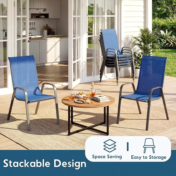 Arlopu 7-Piece Outdoor Table and Chairs for 6, Outdoor Dining Set W/Rectangle Glass Table and Patio Textilene Stackable Chairs, Patio Furniture Set W/Umbrella Hole (Black Table & Navy Blue Chair)