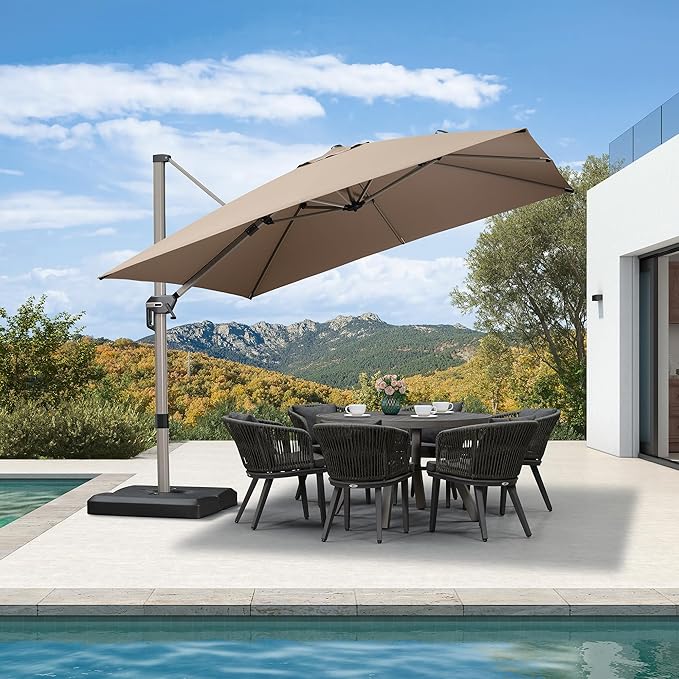 PURPLE LEAF 10’ X 10‘ Patio Umbrella Outdoor Cantilever Umbrella, Aluminum Offset Umbrella with Champagne Frame and 360° Rotation for Pool Deck Garden, Taupe