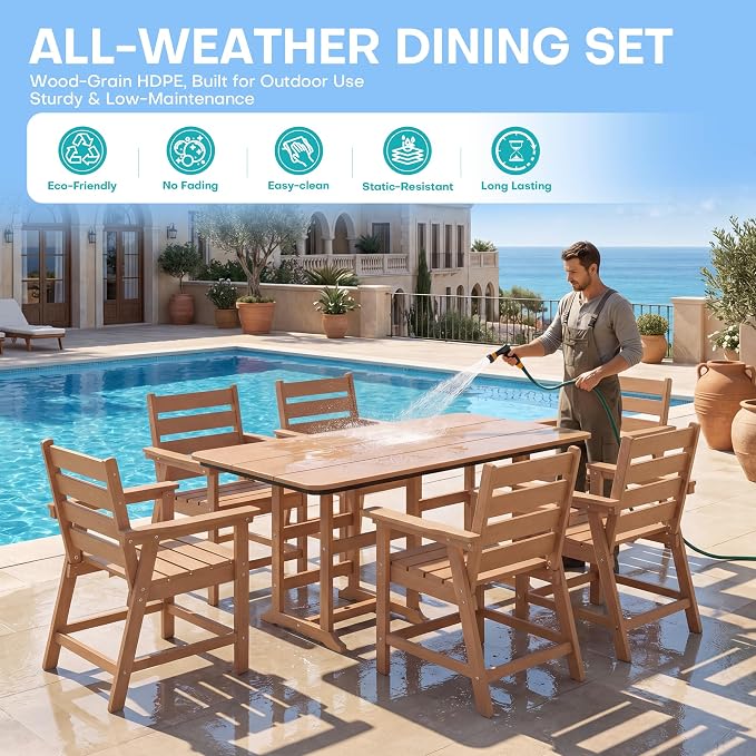 7-Piece Dining Set, HDPE Table & 6 Chairs,Cedar | HDPE Dining Set: 69.1" Table + 6 Chairs, 380 lbs, 304 Stainless, All-Weather, No Rust No Crack, Outdoor Patio Garden
