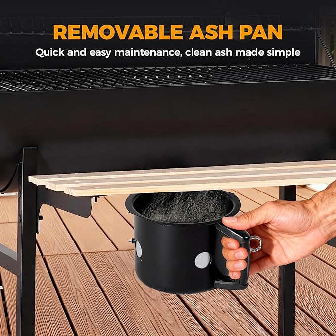 MASTER COOK Barrel Charcoal Grill with Foldable Front Wood Shelf, 686 Sq.in. Cooking Area Outdoor bbq Grill, Thermometer and Adjustable Air Vents for Backyard, Patio, Parties, Tailgating, Black