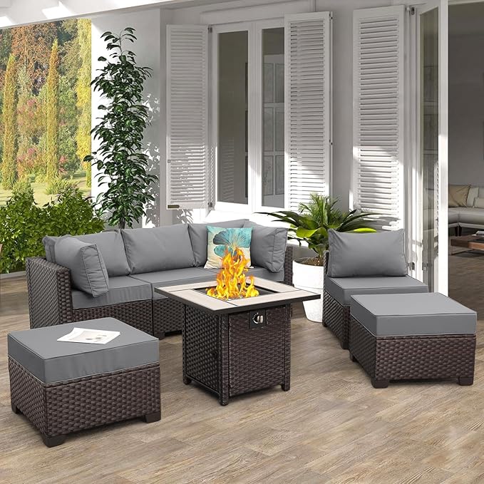 WAROOM Outdoor Patio Furniture Set 7 Pieces Wicker Sectional Sofa Brown Rattan Conversation Couch with Propane Fire Pit Table, Anti-Slip Thick Grey Cushion