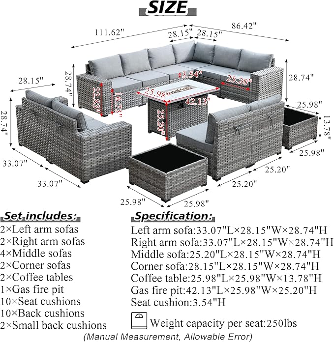 HOOOWOOO Outdoor Patio Sectional Furniture Sofa Set with Propane Fire Pit Table,13 Piece Large Modern Wicker Couch with Widened Armrest,Modular L Shaped Conversation Seating Set(Dark Grey)