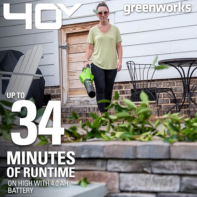 Greenworks 40V (120 MPH / 450 CFM) Cordless Axial Blower, 4Ah USB Battery (USB Hub) and Charger Included BL40B411 with 40V String Trimmer