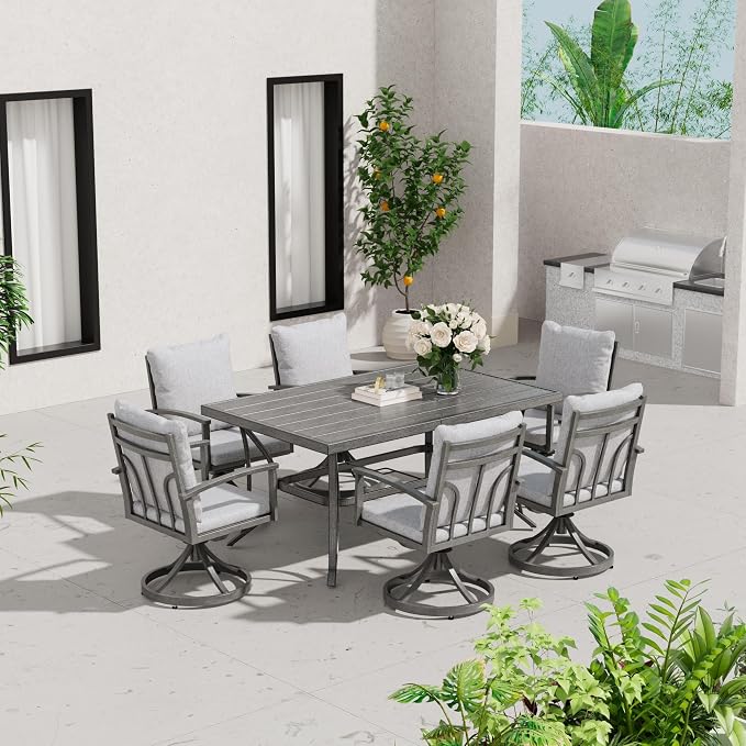 HAPPATIO 7-Piece Outdoor Dining Set - All Aluminum Patio Table and Chairs Set for 6 Includes 1 Rectangular Dining Table and 6 Swivel Dining Chairs with Cushions for Lawn, Garden, Backyard