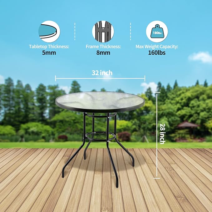 JINLLY 32 Inch Patio Table with Umbrella Hole, Round Glass Patio Table, Outdoor Bistro Dining Tables with Tempered Glass Tabletop and Metal Frame for Outside, Garden, Balcony