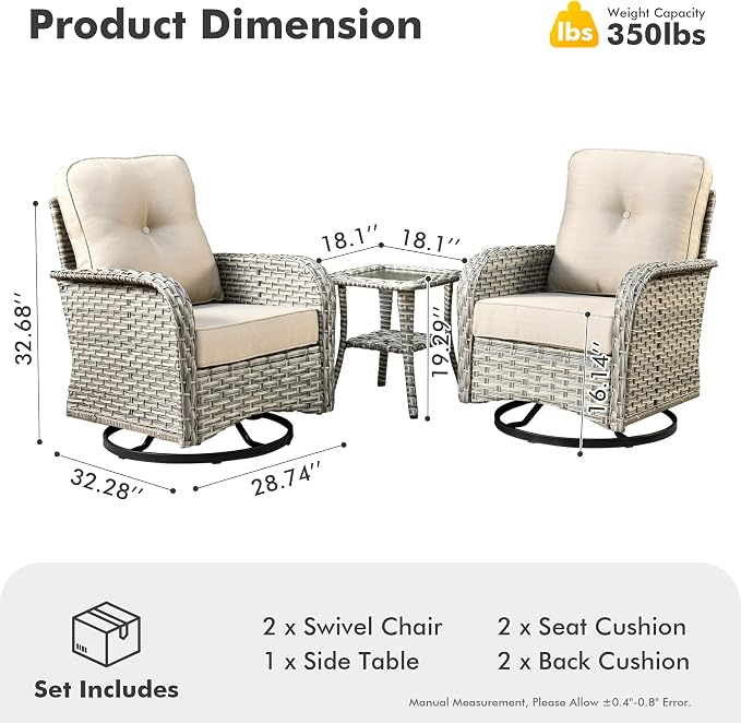 Outdoor Swivel Rocker Patio Chairs, Wicker Glider Swivel Rocking Chair Set of 2, All-Weather Rattan Bistro Set with Coffee Table for Deck Porch Balcony Poolside, Begie