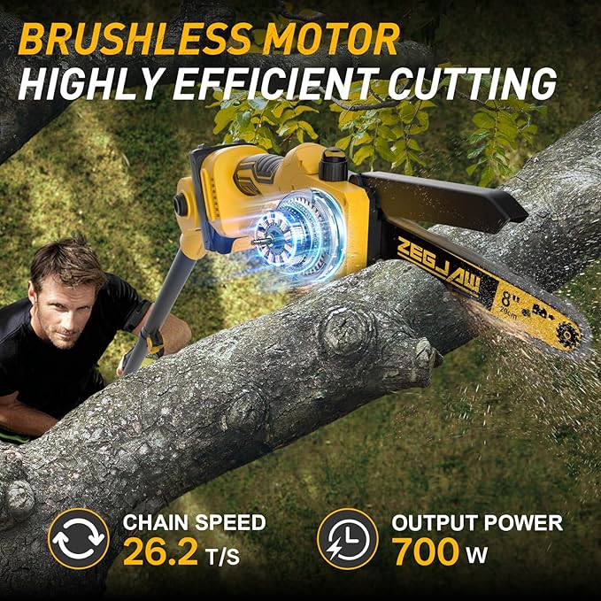 ZEGJAW 4-IN-1 Cordless Pole Saw & Mini Chainsaw, 6-inch & 8-inch Chainsaw Bar with 2 Pack 3.0Ah Battery and Charger, Electric Pole Saw for Tree Trimming with Adjustable Extension Pole