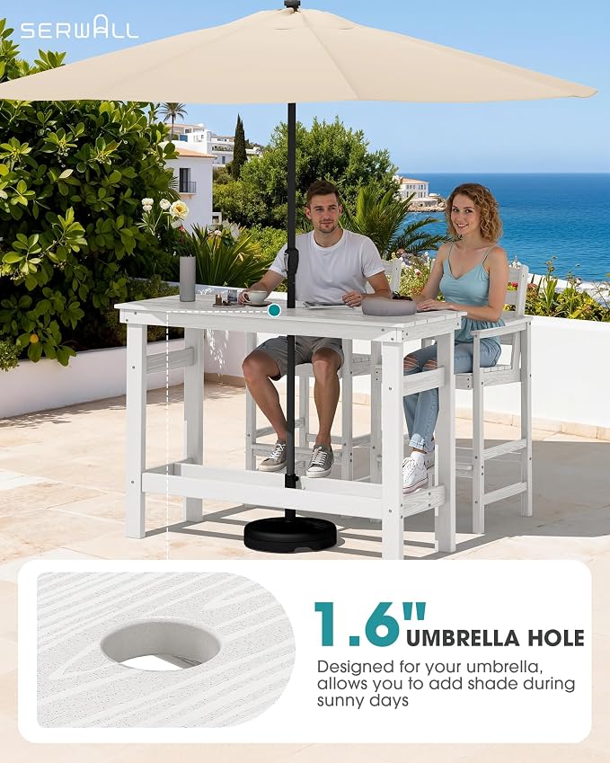 SERWALL 41" Outdoor Bar Table with 1.6" Umbrella Hole, HDPE Patio Bar Counter Height Table, All-Weather Rectangle Bar Table for Backyard, Garden, Poolside, Balcony - White