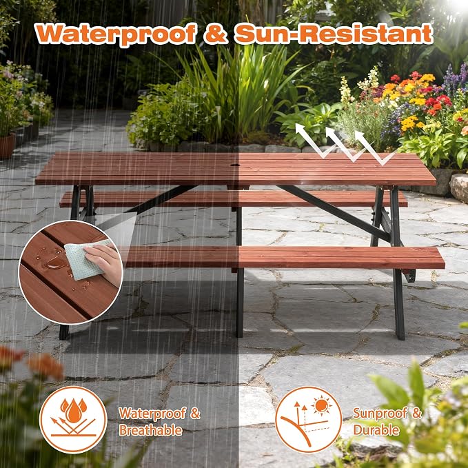 Hohuqeri Wood Picnic Table, 75” Tabletop with Umbrella Hole, 8 Person Outdoor Wooden Picnic Table Bench Set for Patio, BBQ, Dining
