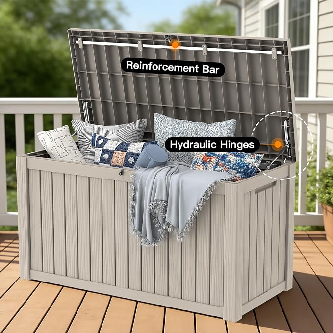 Mars Villa 150 Gallon Outdoor Storage Box, Large Resin Deck Box Waterproof, for Pool Supply Storage, Outdoor Patio Furniture Cushion, with Hydraulic Hinge, UV-Resistant and Weatherproof, Greige