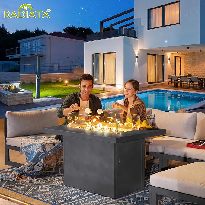 RADIATA 6 Seat Large Luxury Aluminum Patio Conversation Set with Fire Pit Table Propane/Gas, 29 inch Deep Wide Sectional Couch, 500 lbs Heavy Duty All Weather Outdoor Sofa for Backyard, Light Gray