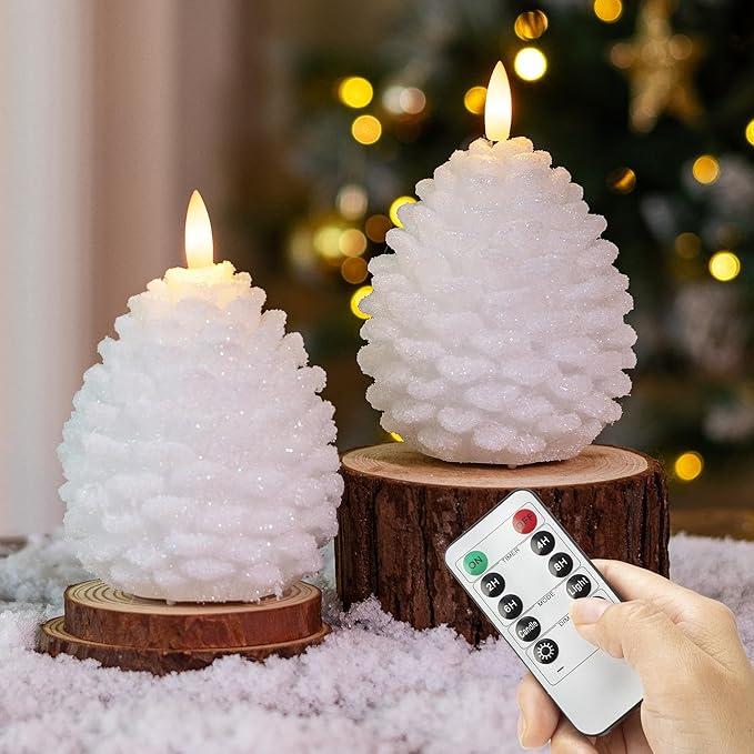 Christmas Flameless Pinecone Candles with Remote, Real Wax Battery Operated Pine Cone Candles, 2 Pack Flickering Led Candle Christmas Decorations for Winter Home Holiday Xmas Gift, White