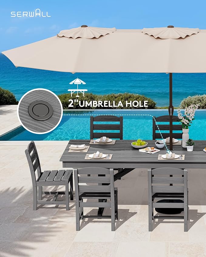 SERWALL 9 Piece Outdoor Dining Set, 84" HDPE Outdoor Table and Armless Chairs Set for 8，All Weather Patio Furniture Set with Umbrella Hole for Backyard, Garden, Gray