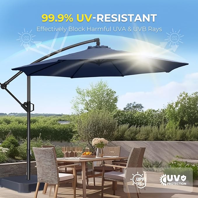 HOMSHADE 10ft Offset Patio Umbrella - w/Base, Cantilever Offset Hanging Patio Outdoor Market Umbrella UPF50+ UV Protection with Easy Tilt and Crank for Pool Deck and Garden(Navy Blue)
