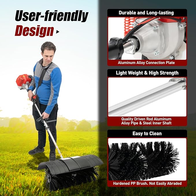 52cc 2-Stroke Handheld Sweeper, 1700W 2.3HP Gas Power Broom Engine Sweeper for Cleaning Boulevards Lawn Garbage and Street Driveways Nylon Brush Sweeping Broom Air Cooled Motor