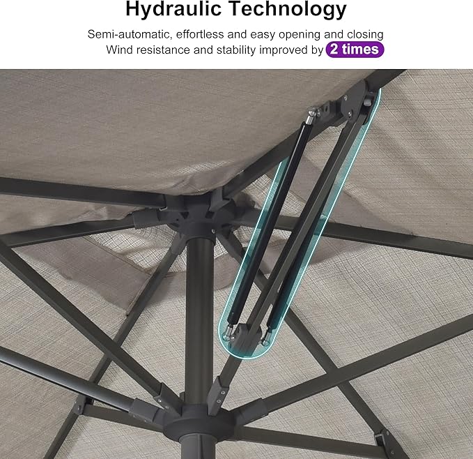 PURPLE LEAF 6 X 10 FT Semi-Auto Outdoor Patio Umbrella Market Table Sun Umbrellas with 6 Aluminum Sturdy Ribs for Backyard Deck Garden Pool (Gray Pole Beige Canopy)