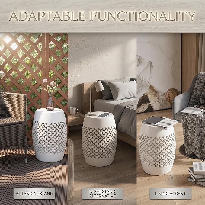 12.5" Steel Outdoor Side Table, Hollow Drum Metal Patio End Table & Ambient Lantern, Decorative Geometric Accent Table for Garden, Balcony and Poolside, No Assembly, White