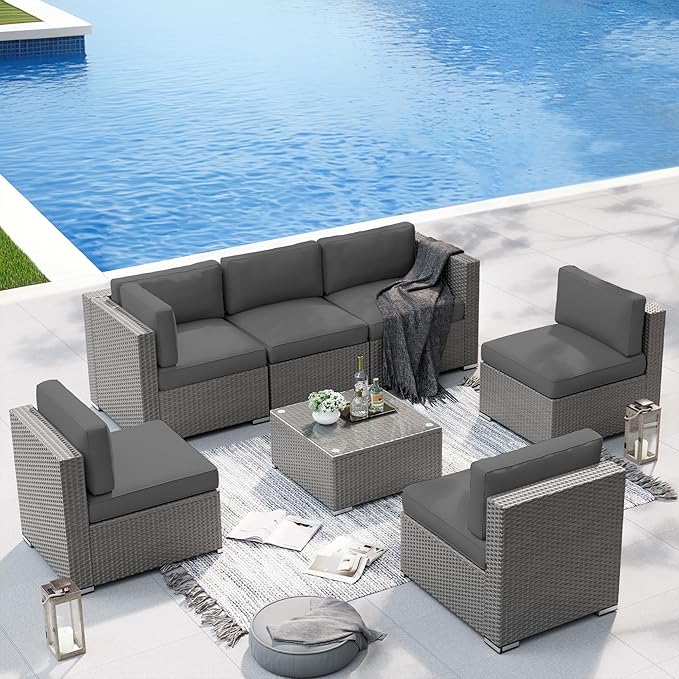 SUNCROWN 7-Piece Outdoor Patio Furniture Set All-Weather Outdoor Sectional Sofa Grey Wicker Conversation Sofa Set with Coffee Table and Cushions,Dark Grey