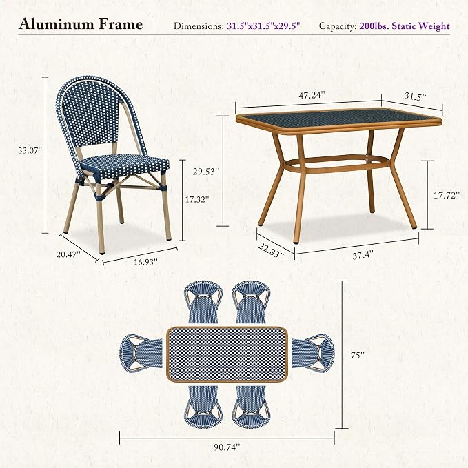 PURPLE LEAF 7-Piece French Bistro Dining Set Rectangle Outdoor Patio Table and 6 Armless Chairs Tempered Glass Top PE Rattan Champagne Print Finish Aluminum Frame Navy Blue