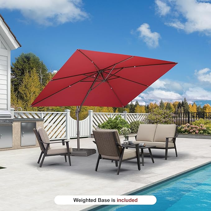 PURPLE LEAF 9' X 11.5' Rectangle Cantilever Umbrella with Base Patio Umbrella Outdoor Aluminum Antique Bronze Offset Hanging Umbrella with 360-degree Rotation for Pool Garden Backyard Deck, Terra