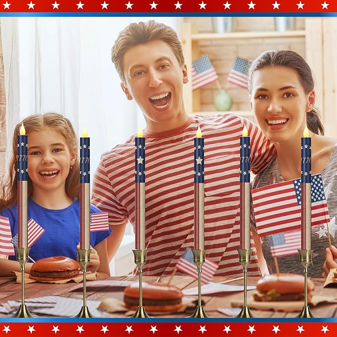 Honoson 6 Pcs USA Patriotic Flameless Taper Candles 250th Anniversary 10.6 Inch Memorial Day Red White and Blue Candles Battery Operated LED Candlesticks for 4th of July Table Home Party Decoration