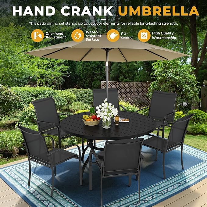 Incbruce 8 PCS Patio Dining Set with Brown Umbrella, Outdoor Dining Set of 6 Textilene Chairs and 53" Round Table with Umbrella Hole for Backyard, Garden, and Poolside (Black)