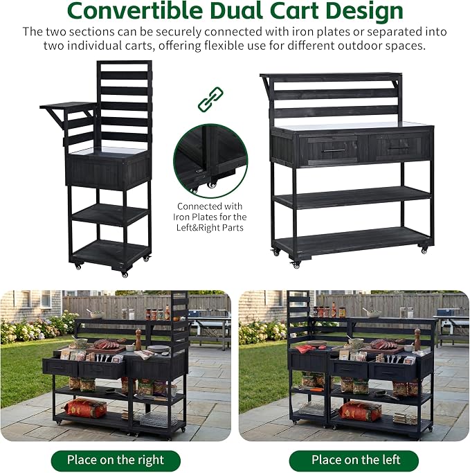 RUNNA 4-Piece Outdoor Rolling Kitchen Island with Sink w/Faucet, Solid Wood Grill Table with Storage Cabinets, Drawers, Stainless Table Top and Movable Shelves for Garden (Black#38)