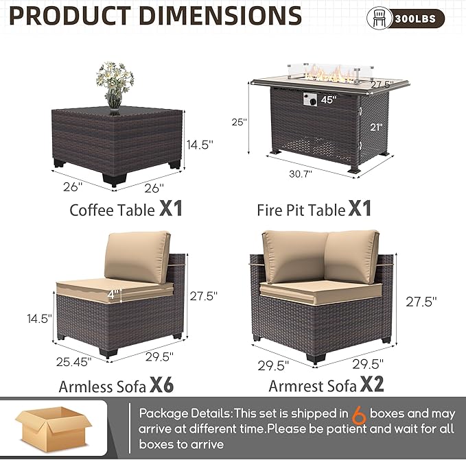 Patio Furniture Set with Fire Pit Table 10 Pieces Outdoor Sectional Sofa Set,PE Rattan Wicker Patio Conversation Set w/43in 55000 BTU Propane Fire Pit Table,Sand