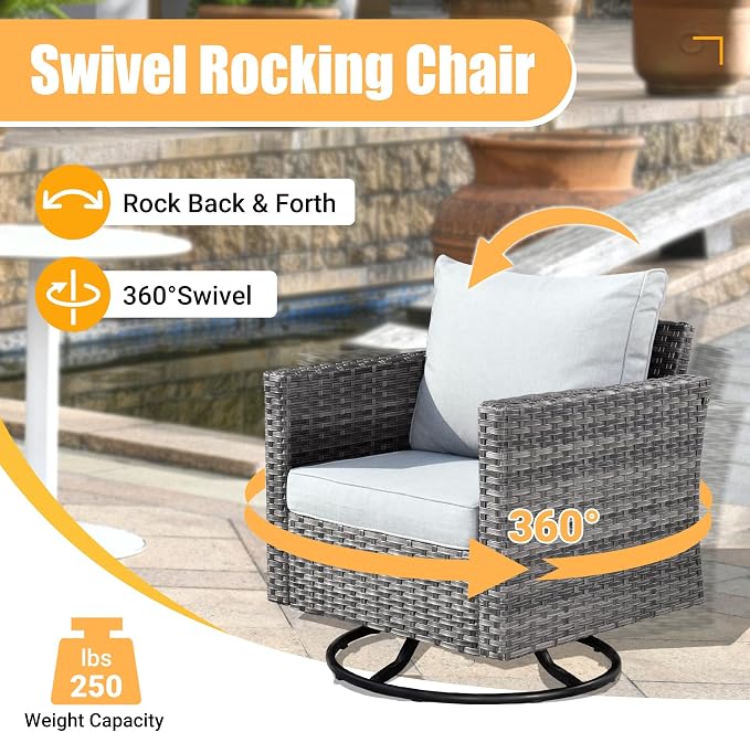 Weaxty 8 Piece Outdoor Sectional with Fire Pit Table, All Weather Wicker Patio Furniture Set with Swivel Rocker Chair Coffee Table, Thick Cushion Couch Conversation Sets for Garden Deck Backyard Gray
