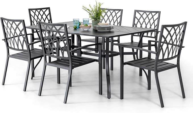 NUU GARDEN 7 Piece Outdoor Patio Dining Set, 6 Stackable Metal Patio Chairs and 61" x 37" Rectangular Patio Dining Table with 1.77" Umbrella Hole for Backyard, Patio, Garden, Black