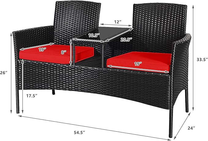DORTALA Outdoor Patio Loveseat, Wicker Conversation Set with Cushions and Built-in Coffee Table, 2 Person Rattan Seating for Garden Lawn Backyard, Black+Red