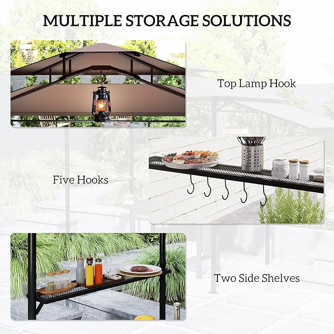 Outsunny 8' x 5' Grill Gazebo, Double Tiered Outdoor BBQ Gazebo with Side Awning, 2 Side Shelves and 6 Hooks for Patio, Deck, Yard, Brown