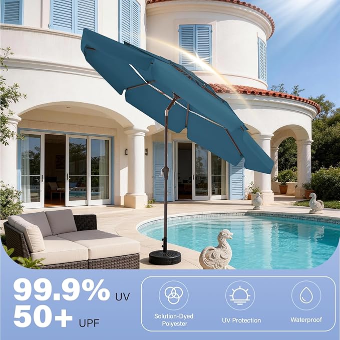 JEAREY 3 Tiers 9 FT Patio Umbrellas Outdoor Table Umbrella with Push Button Market Umbrella 8 Sturdy Ribs UV Protection Waterproof for Garden,Lake Blue