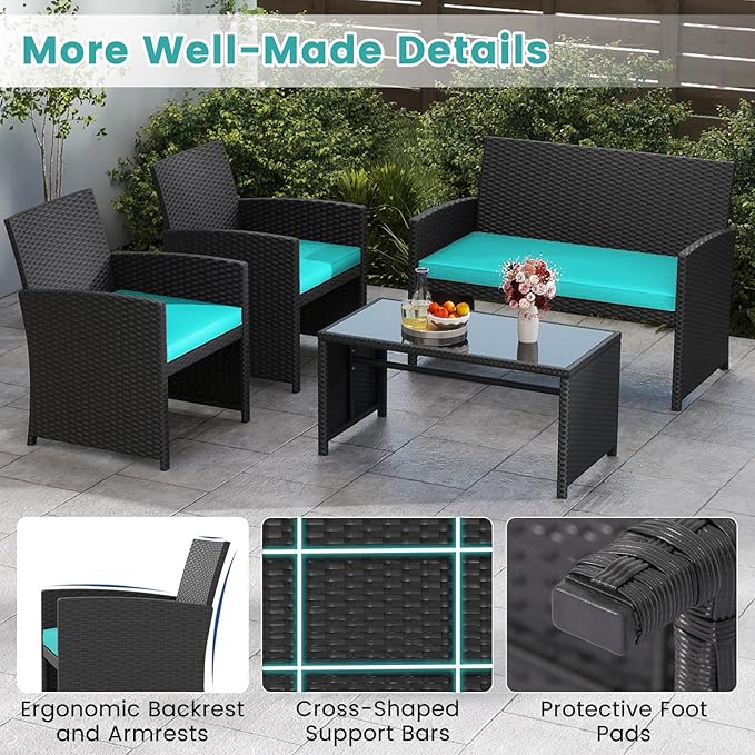 Tangkula 8 Pieces Patio Wicker Furniture Set, Outdoor Heavy Duty Rattan Cushioned Chairs, Loveseat and Tempered Glass Coffee Table, for Backyard, Balcony, Poolside (Turquoised,2)