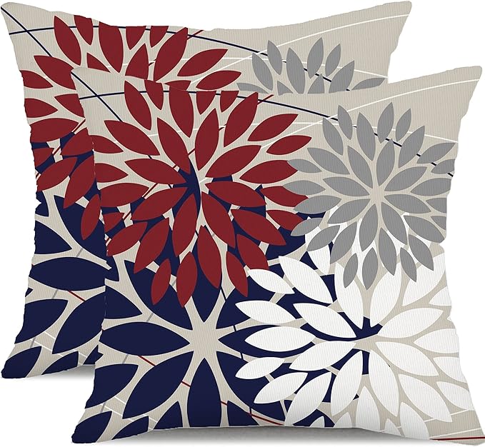 DFXSZ Pack of 2 Outdoor Waterproof Throw Pillow Covers 20x20 Red Blue | Polyester Spring Summer 4TH Of July Floral Decorative Cushion Cases(NO INSERT),For Couch Patio Funiture Garden Home Decor