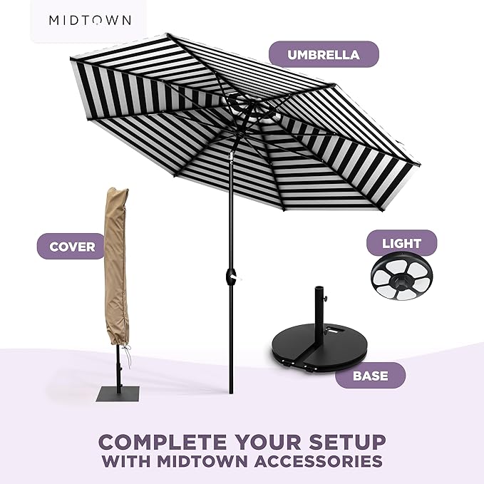 Midtown Umbrellas – The Lean 9 Ft Patio Umbrella with 10-Year-No-Fade Acrylast Acrylic Fabric, Auto-Tilt and 8 Reinforced Ribs for Deck, Pool, Garden, Hotel & Cafes – Urban Stripes Canopy, Black Pole