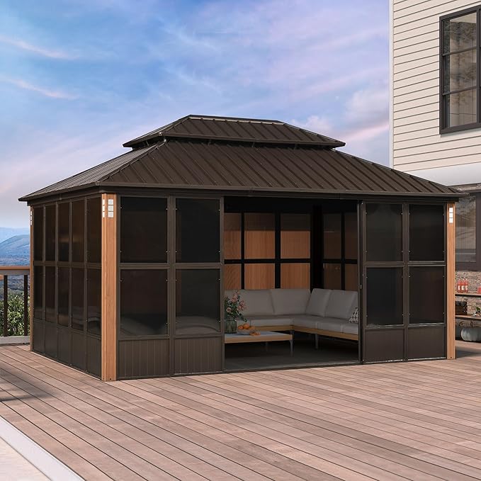 PURPLE LEAF 12' X 16' Outdoor Hardtop Gazebo with Solarium Galvanized Metal Roofs Patio Wood Grain Aluminum Frame with Screens and Doors for Hot Tub Garden Bronze
