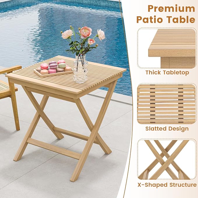 Tangkula 27.5 Inch Teak Wood Patio Dining Table, Square Outdoor Bistro Table with Slatted Tabletop, Sturdy Wood Frame & Thickened Top, Teak Outside Dining Table for Balcony, Deck, Porch, Backyard