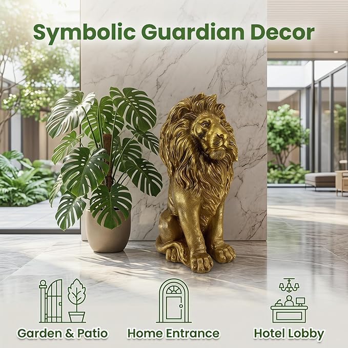 24" Majestic Lion Garden Statue, Gold | Regal Guardian Sculpture, Front Entry & Patio, Golden Resin, Weighted Base for Stability