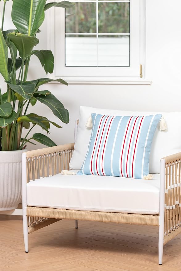Hofdeco Premium Coastal Hampton Style Patio Indoor Outdoor Throw Pillow Cover Only, 18"x18" Water Resistant for Backyard, Couch, Baby Blue Red Stripe Tassel