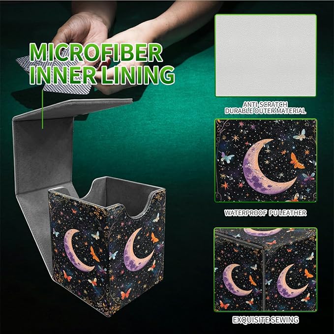 Butterfly Dark Moon Card Deck Box for MTG, Personalized Card Storage Case Fits 120+ Sleeved Cards, Premium Leather TCG Box with Strong Magnetic Closure for Magic, CCG, PTCG, Baseball Cards