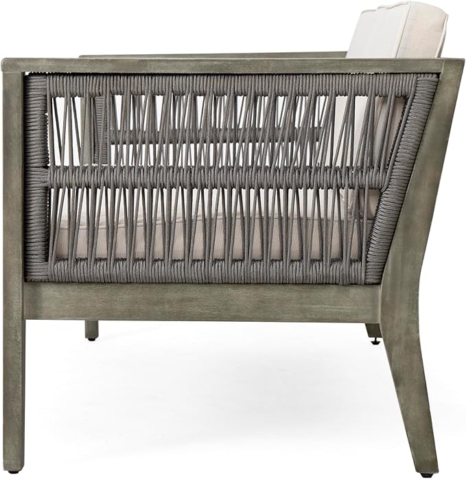 Christopher Knight Home Outdoor Acacia Wood Patio Set, 4-Pieces Patio Conversation Set, Outdoor Furniture with Coffee Table, Patio Deep Seating with Cushion, Porch Chairs for Garden, Grey+Beige