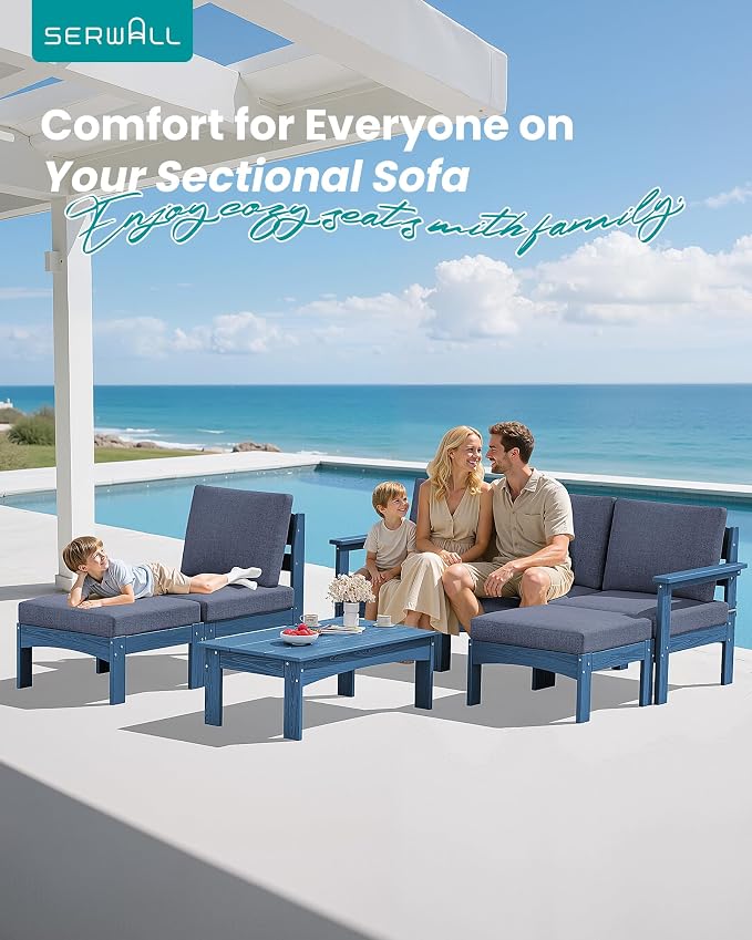 SERWALL 7 Pieces Patio Conversation Set, Heavy Duty HDPE Outdoor Sectional Sofas with Cushions and Coffee, All-Weather Outdoor Couch Set for Backyard, Deck and Porch, Blue Frame with Grey Cushion