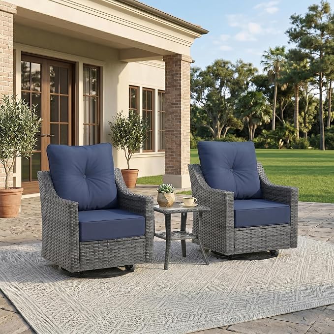 3 Piece Patio Furniture Set,360°Swivel Glider Patio Chairs Set of 2 with Outdoor Side Table, All-Weather Wicker Patio Set with 6 Inch Thick Cushions for Porch Deck Balcony Garden